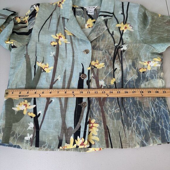 Citron Santa Monica Floral Top L Petite Green Silk Linen Button up Asian Art - Picture 8 of 11